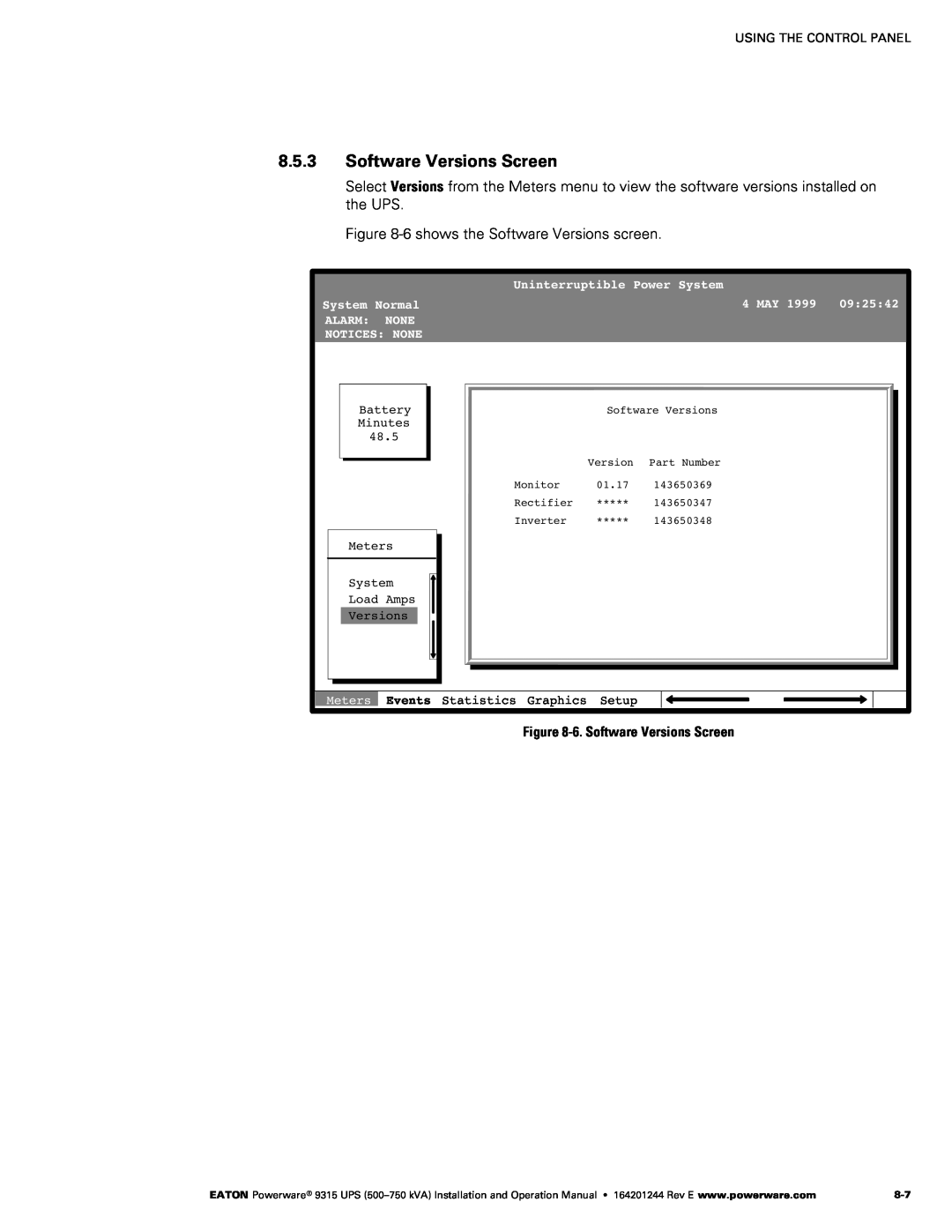Powerware Powerware 9315 ‐6. Software Versions Screen, Uninterruptible Power System, System Normal, 4 MAY, 092542 