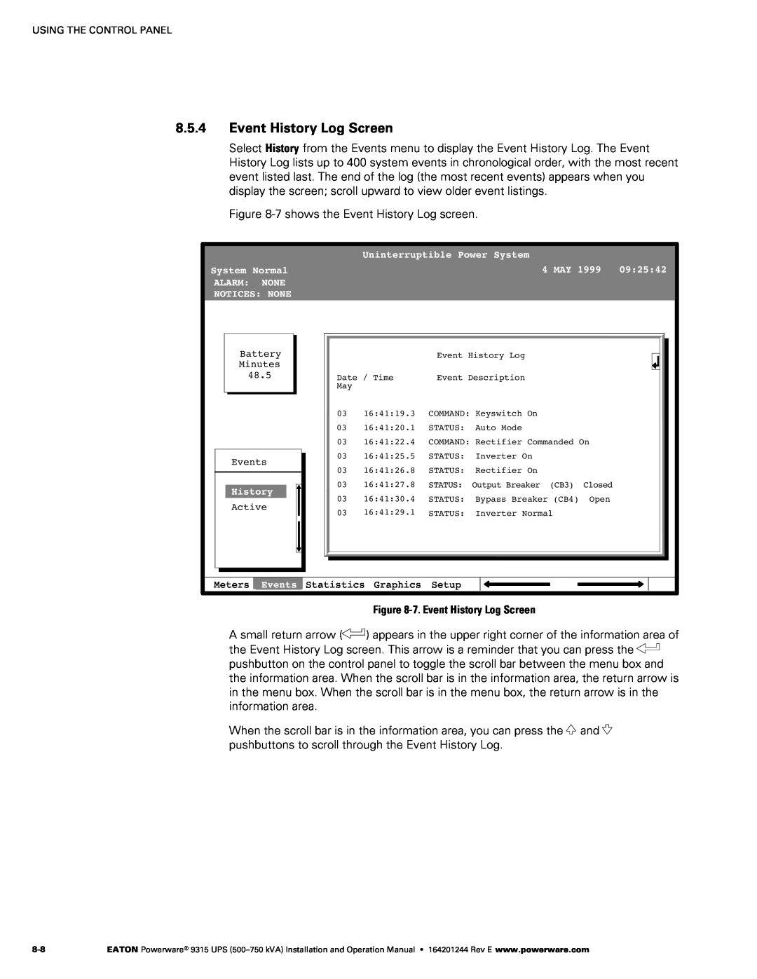Powerware Powerware 9315 operation manual Event History Log Screen 