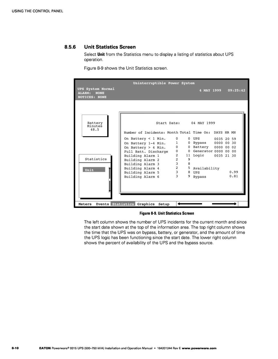 Powerware Powerware 9315 operation manual Unit Statistics Screen 