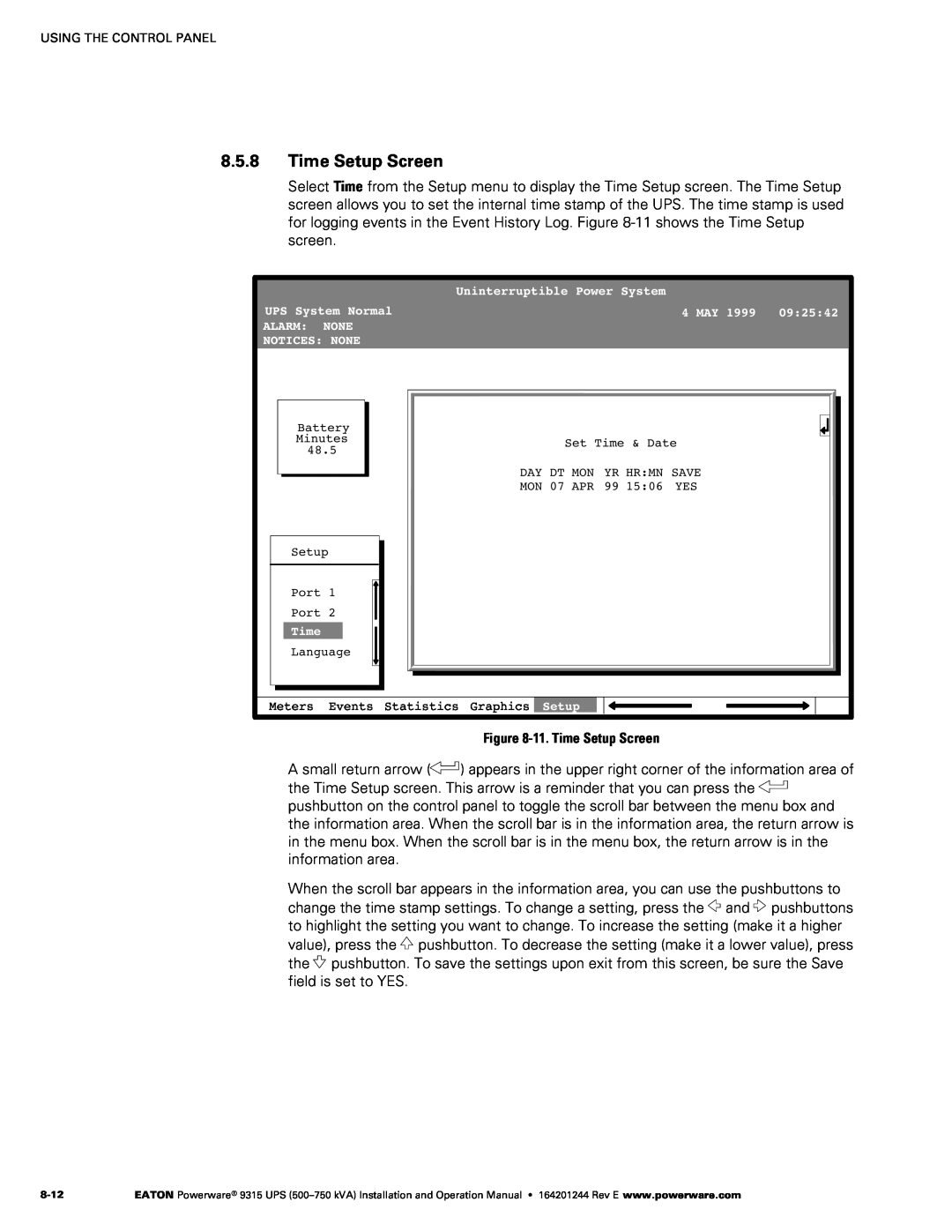 Powerware Powerware 9315 operation manual ‐11. Time Setup Screen 
