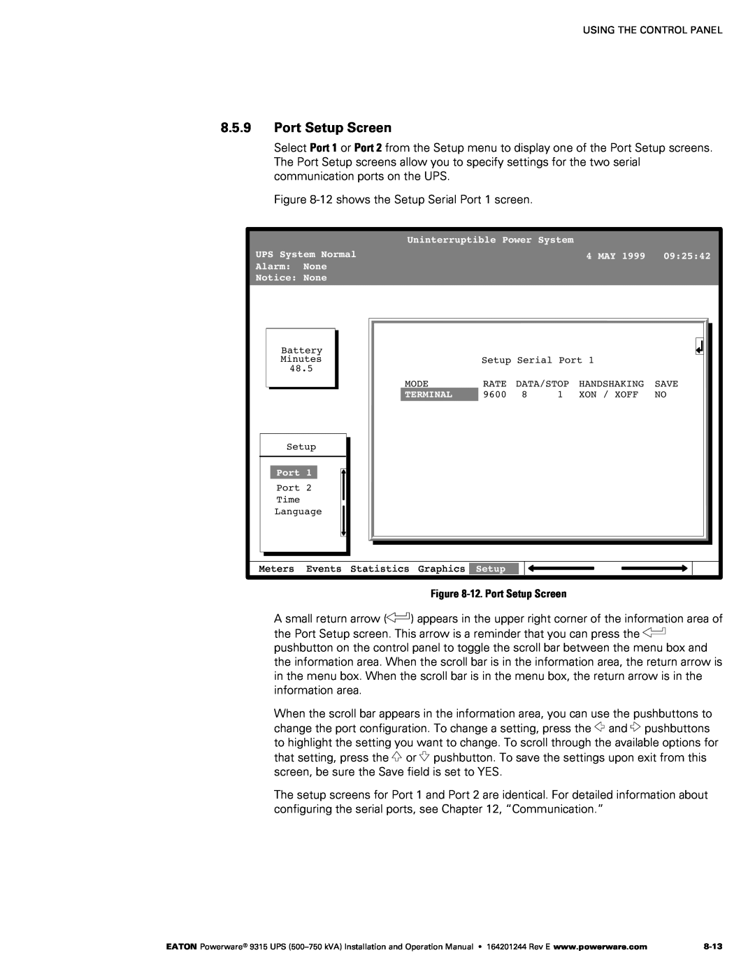 Powerware Powerware 9315 operation manual Port Setup Screen 