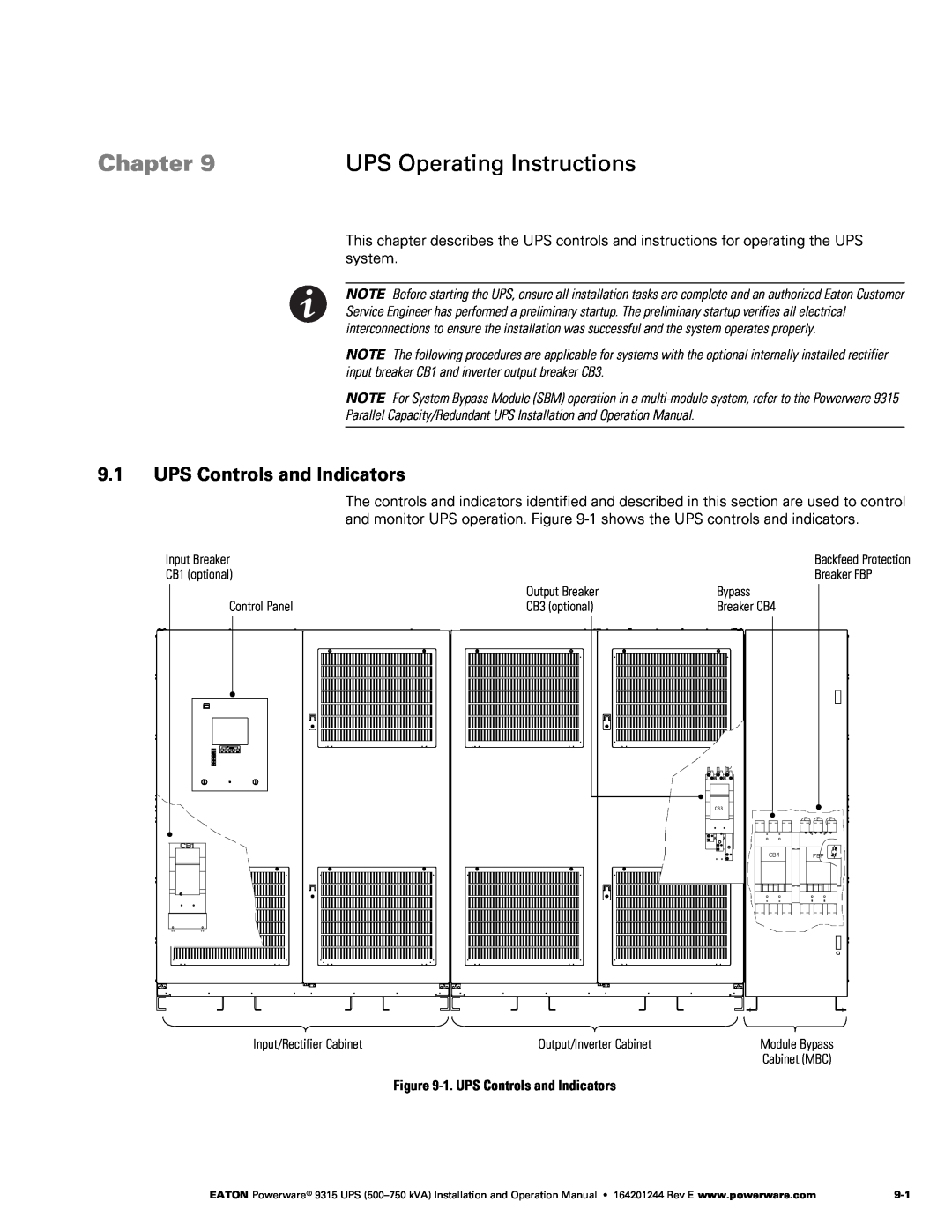 Powerware Powerware 9315 operation manual UPS Operating Instructions, Chapter, ‐1. UPS Controls and Indicators 