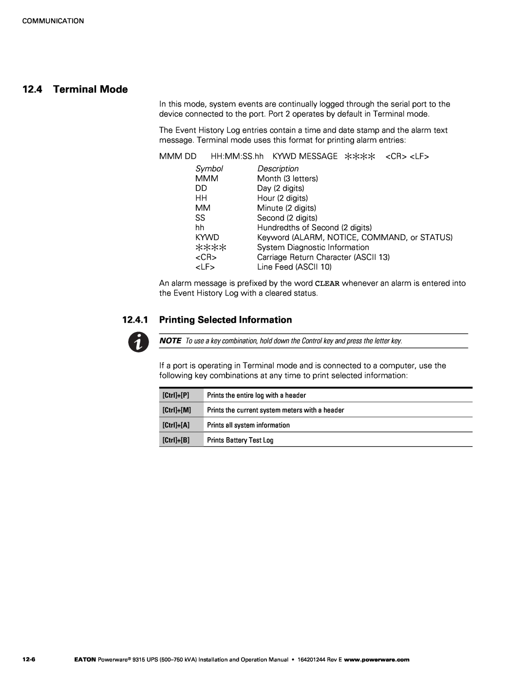 Powerware Powerware 9315 operation manual Terminal Mode, Printing Selected Information 