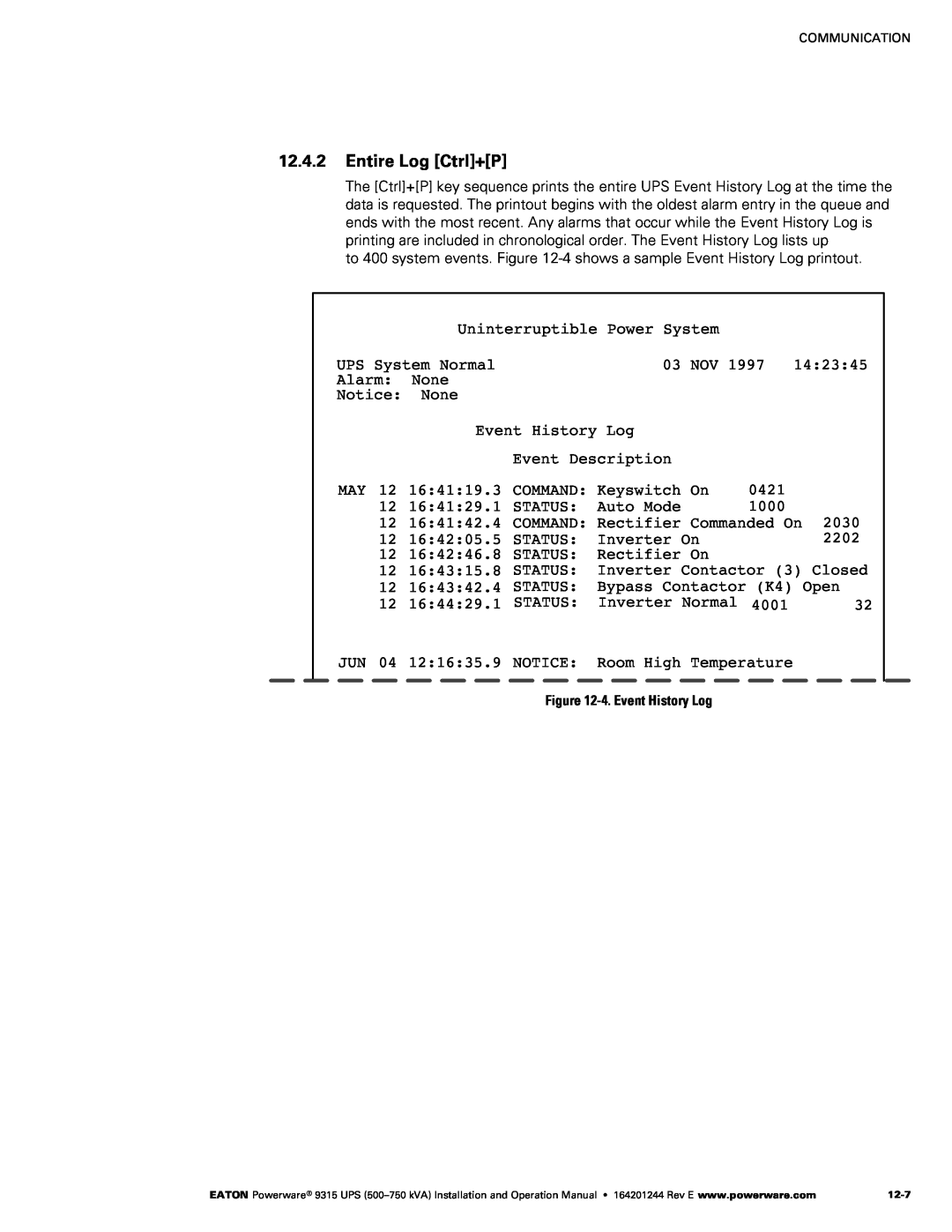 Powerware Powerware 9315 operation manual Entire Log Ctrl+P, ‐4. Event History Log 
