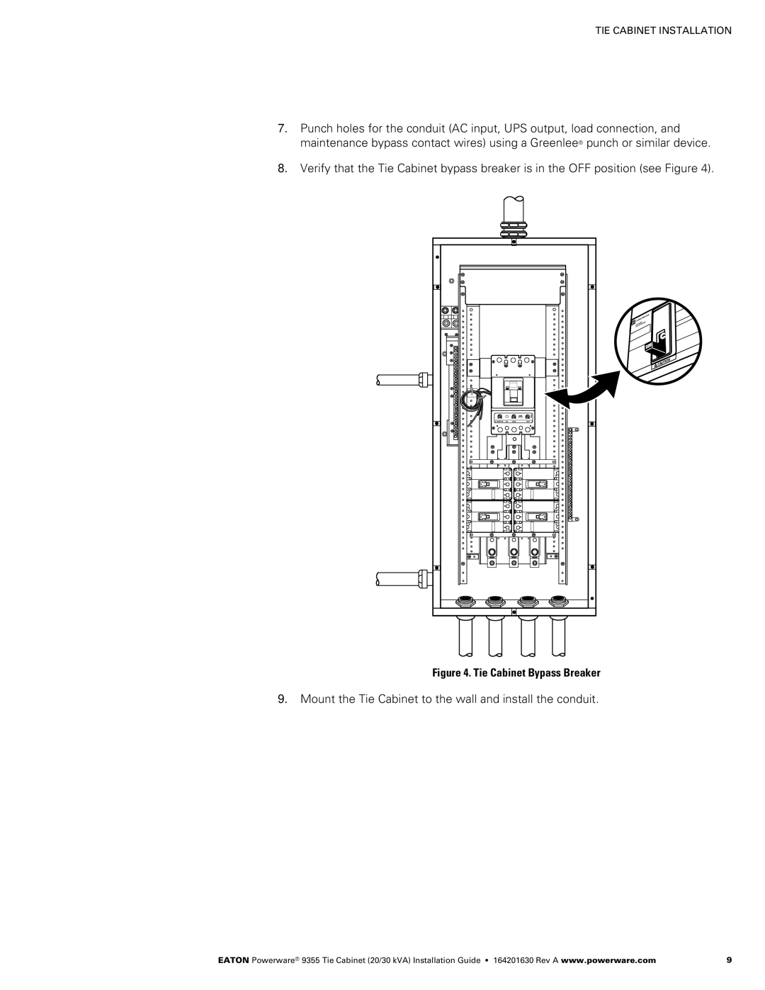 Powerware Powerware 9355 manual Mount the Tie Cabinet to the wall and install the conduit 