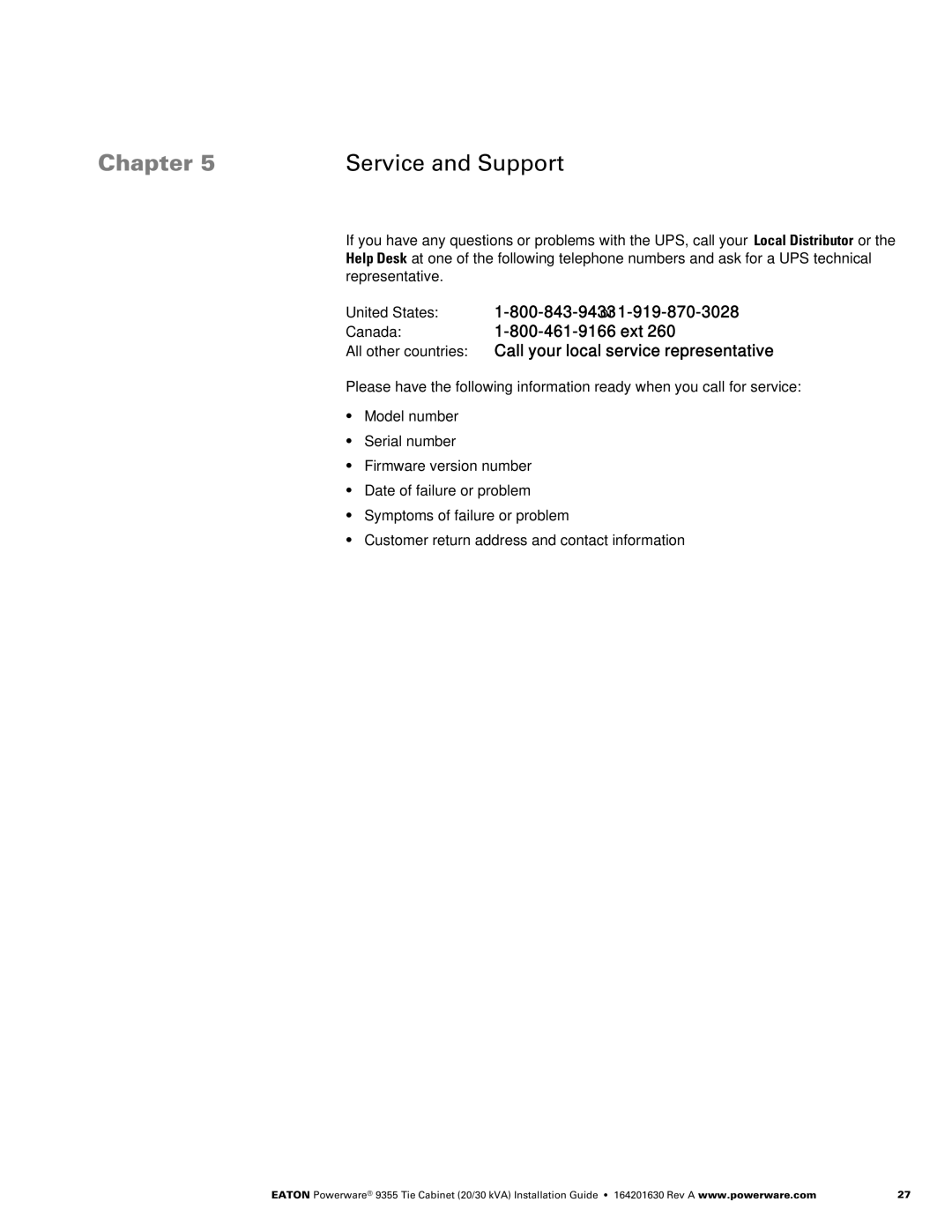 Powerware Powerware 9355 manual Chapter Service and Support 