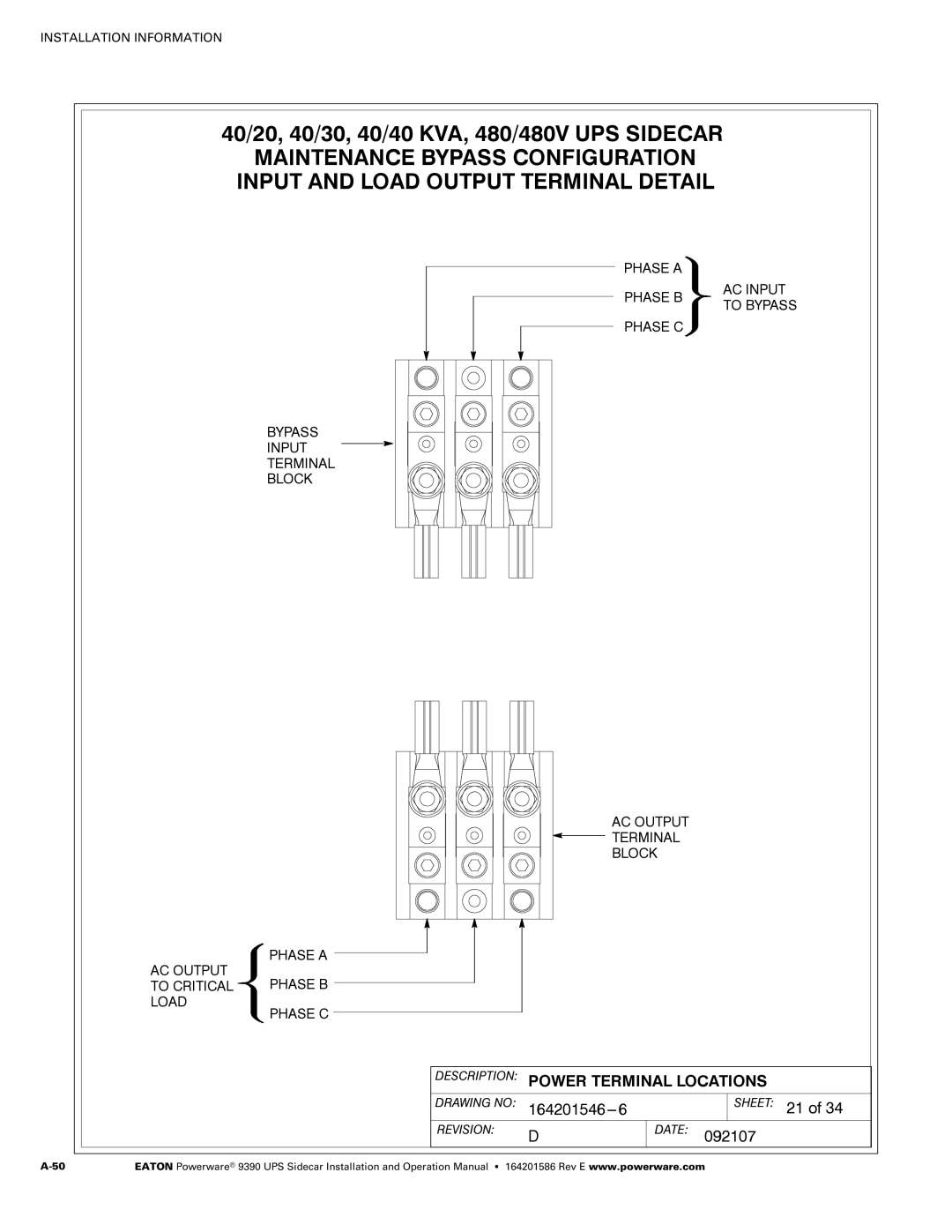 Powerware Powerware 9390 manual Sheet 21 