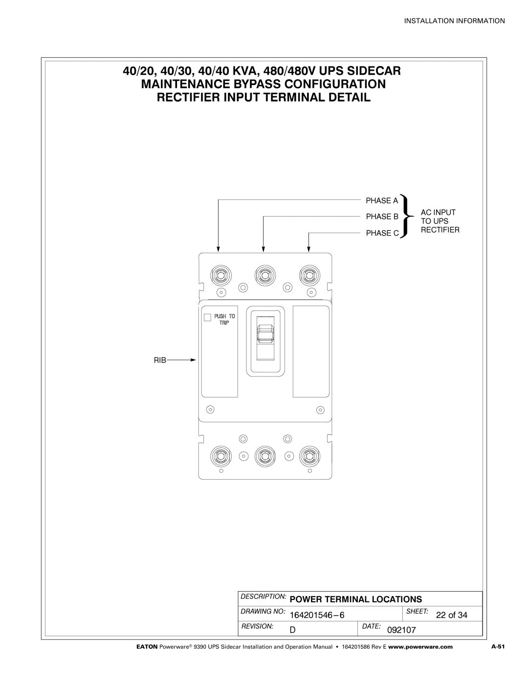 Powerware Powerware 9390 manual Drawing no Sheet 22 