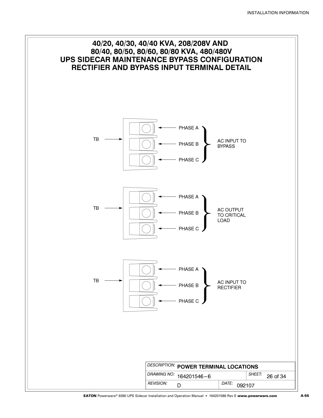 Powerware Powerware 9390 manual Drawing no Sheet 26 