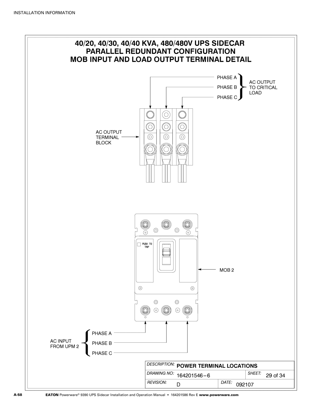 Powerware Powerware 9390 manual MOB Input and Load Output Terminal Detail 