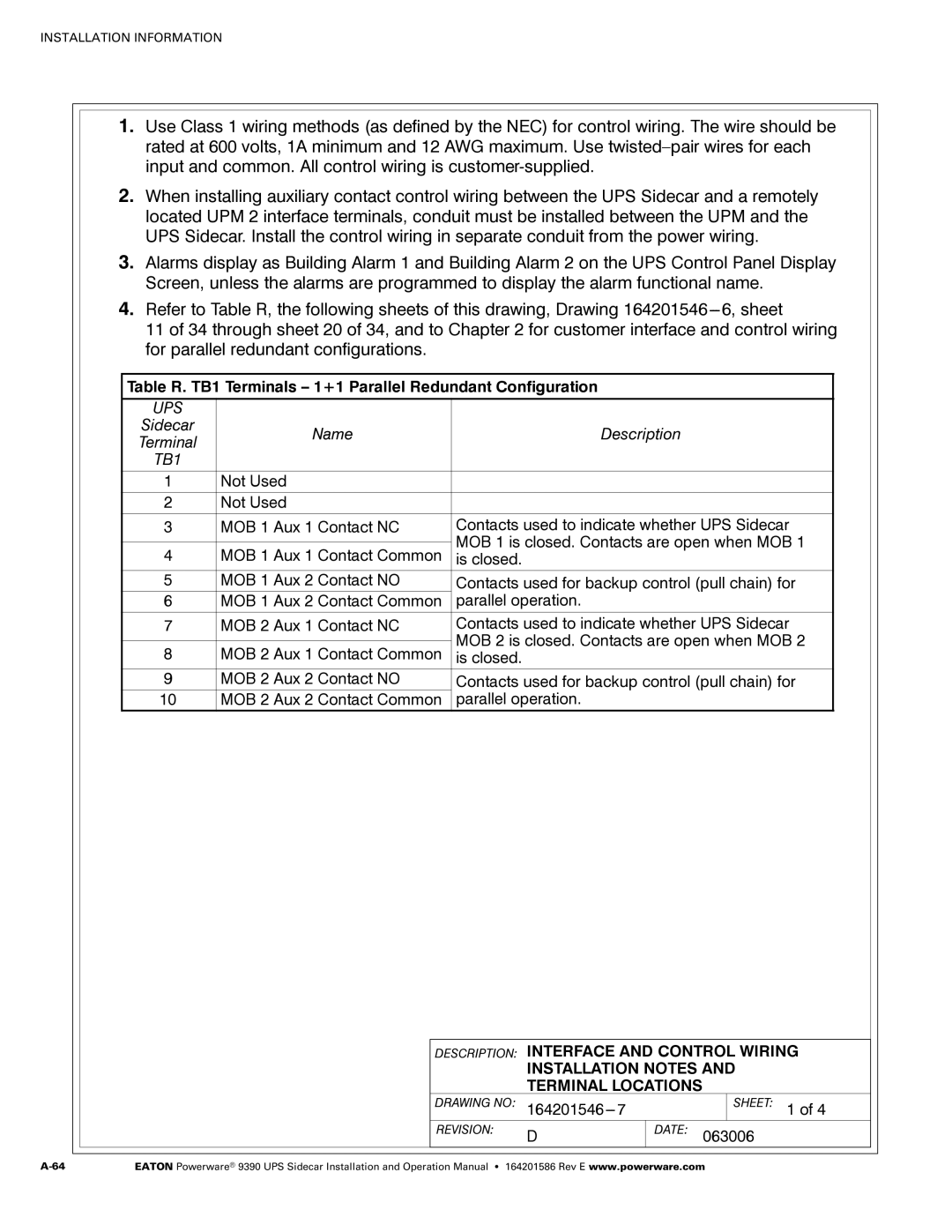 Powerware Powerware 9390 manual Table R. TB1 Terminals 1+1 Parallel Redundant Configuration, 164201546---7 