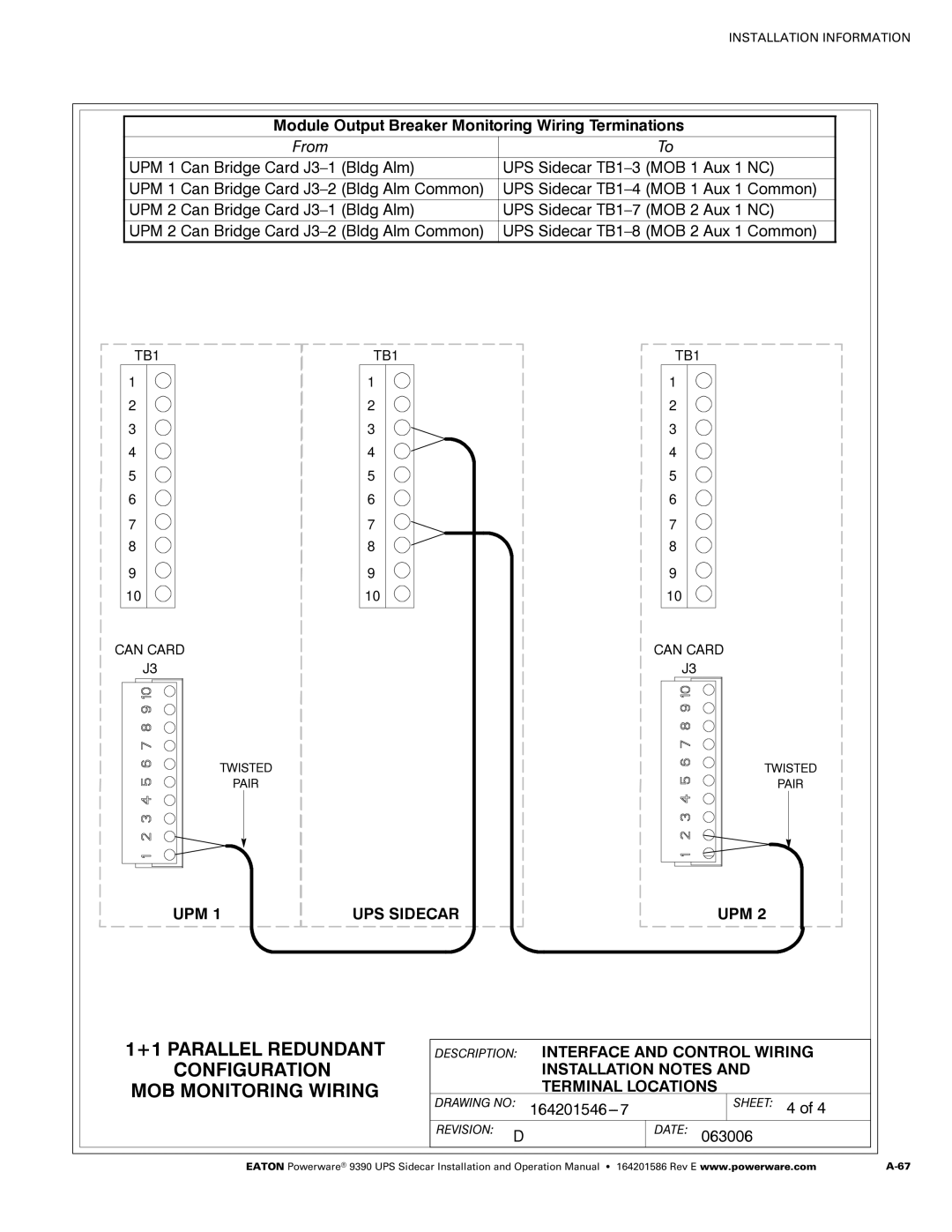 Powerware Powerware 9390 manual +1 Parallel Redundant Configuration MOB Monitoring Wiring 