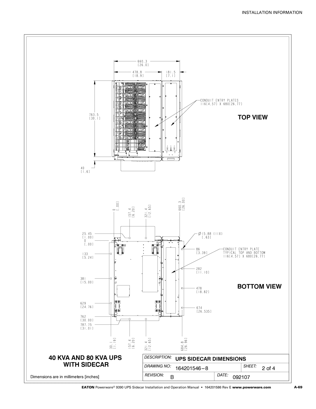 Powerware Powerware 9390 manual TOP View Bottom View 