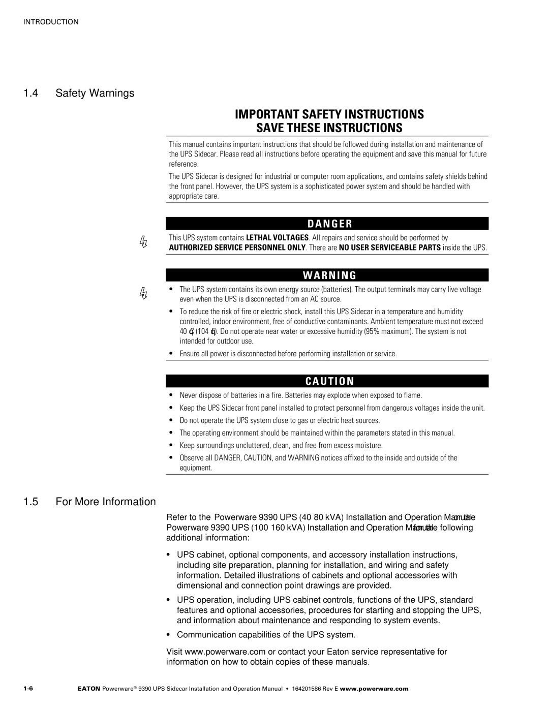 Powerware Powerware 9390 manual Safety Warnings For More Information 