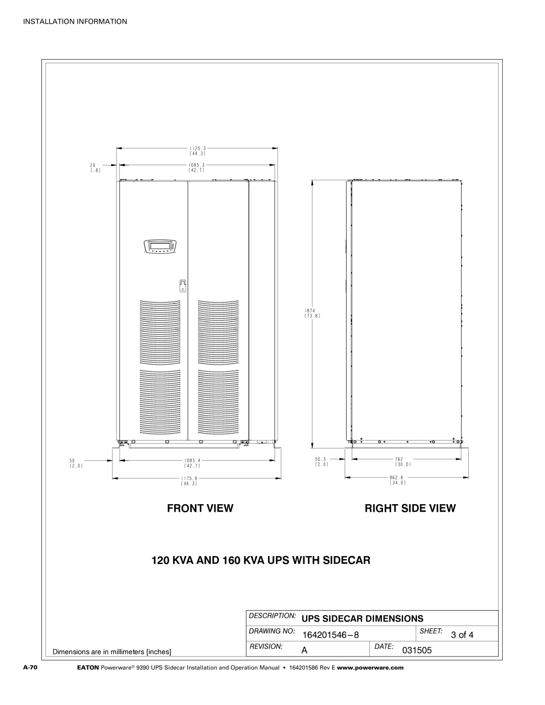 Powerware Powerware 9390 manual Front View Right Side View KVA and 160 KVA UPS with Sidecar 