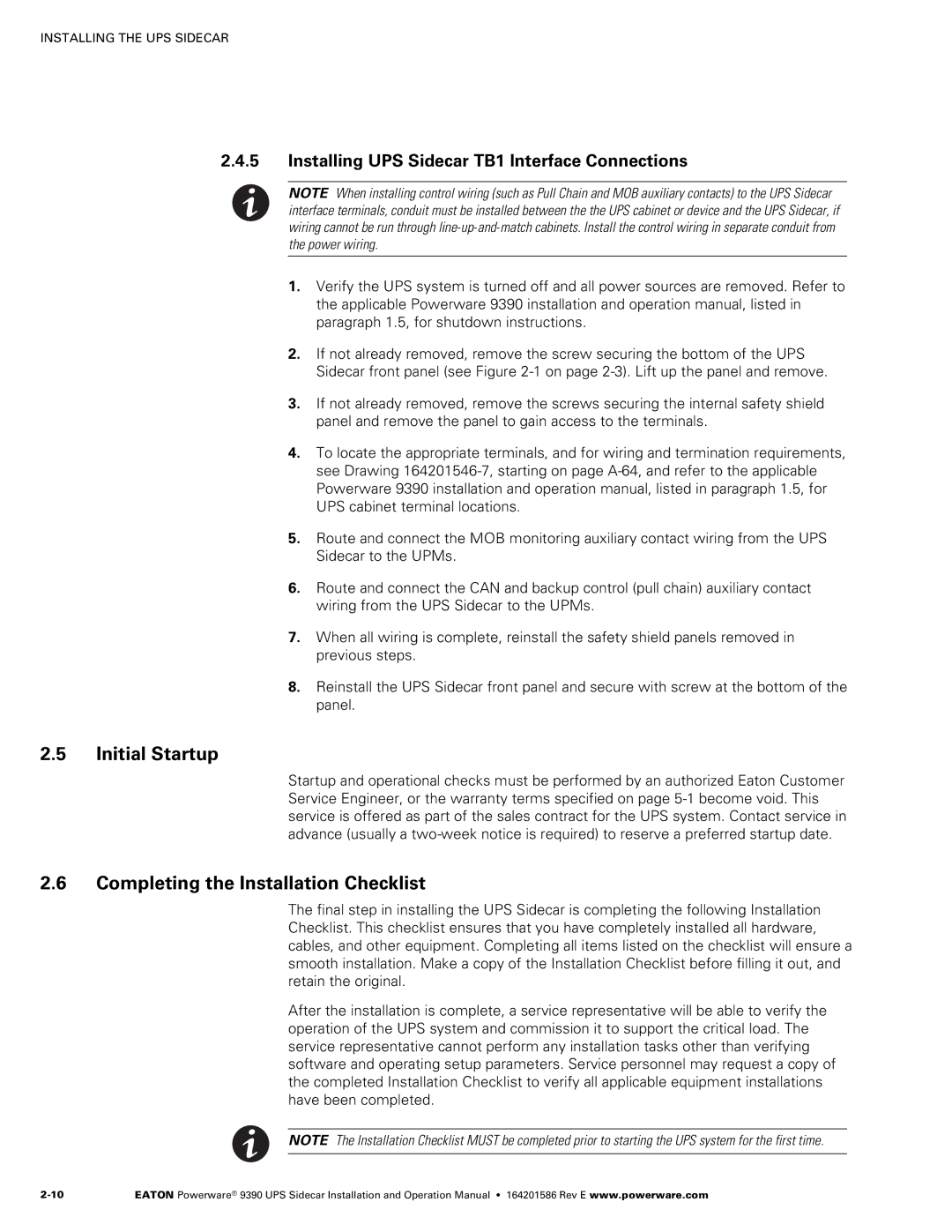 Powerware Powerware 9390 manual Initial Startup, Completing the Installation Checklist 