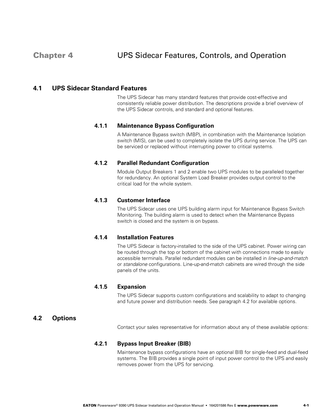 Powerware Powerware 9390 manual UPS Sidecar Standard Features, Options 