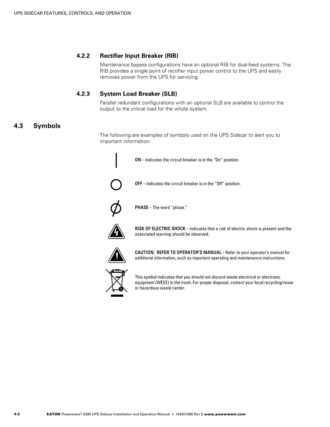 Powerware Powerware 9390 manual Symbols, Rectifier Input Breaker RIB 