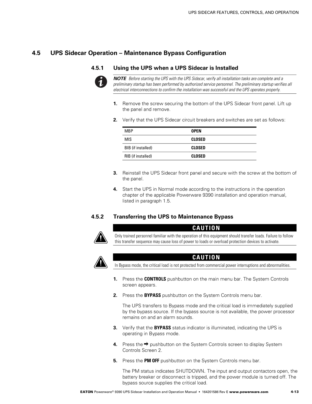 Powerware Powerware 9390 manual UPS Sidecar Operation Maintenance Bypass Configuration 