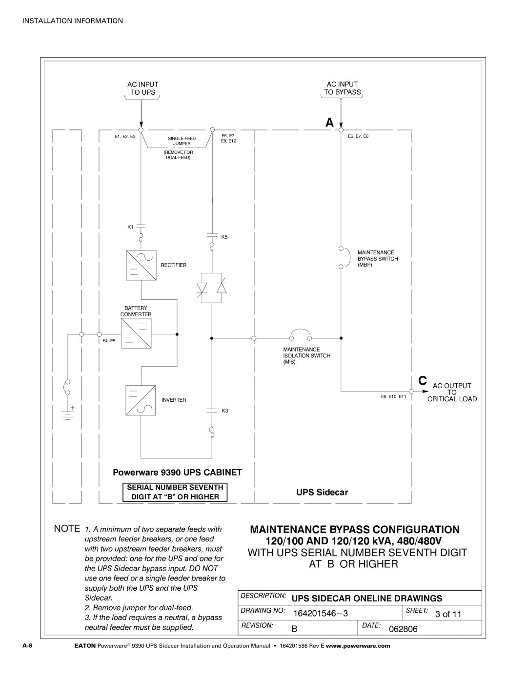 Powerware Powerware 9390 manual With UPS Serial Number Seventh Digit AT B or Higher, 164201546---3 