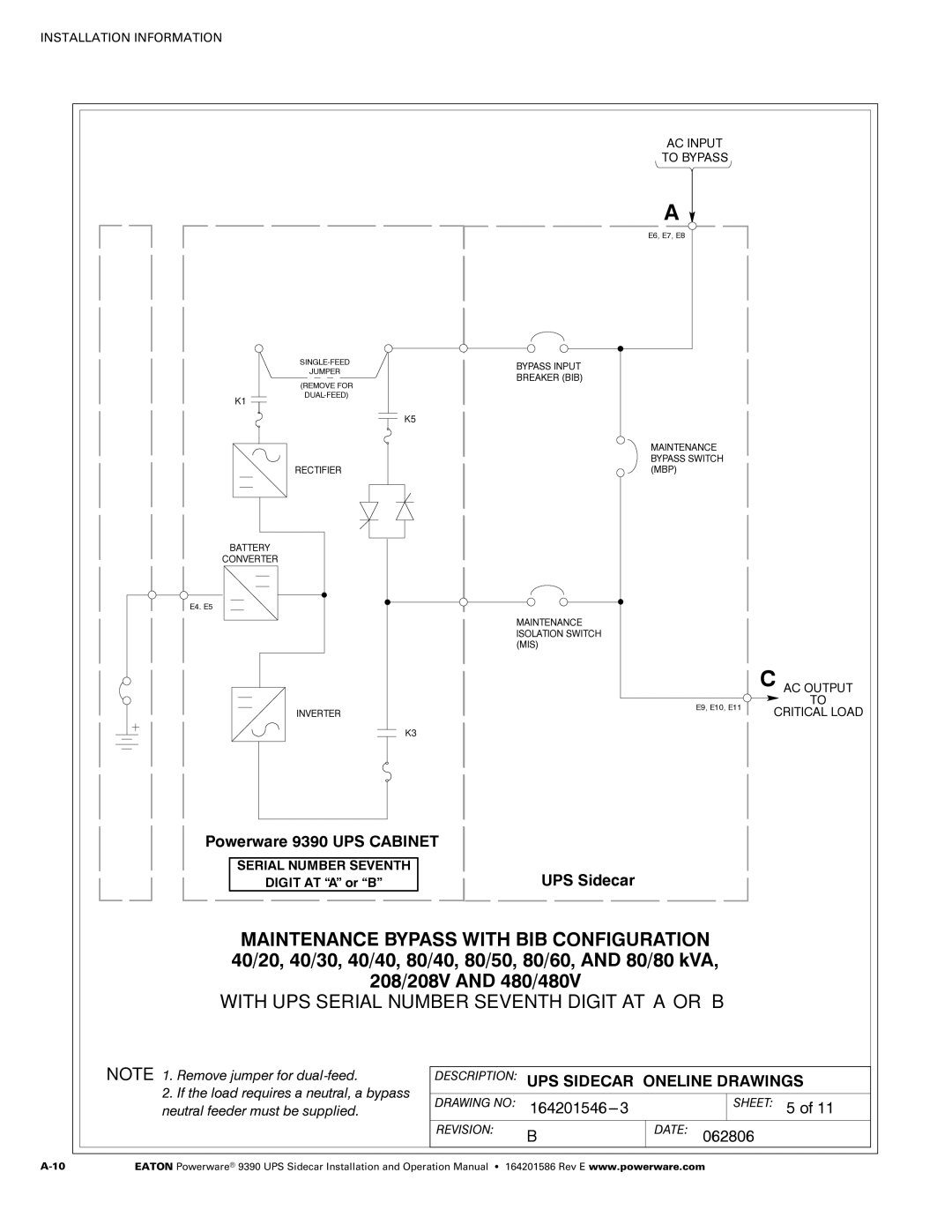 Powerware Powerware 9390 manual With UPS Serial Number Seventh Digit AT a or B 