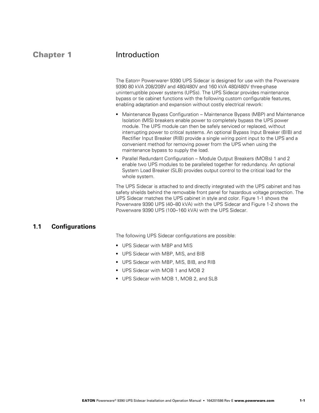 Powerware Powerware 9390 manual Chapter Introduction, Configurations 