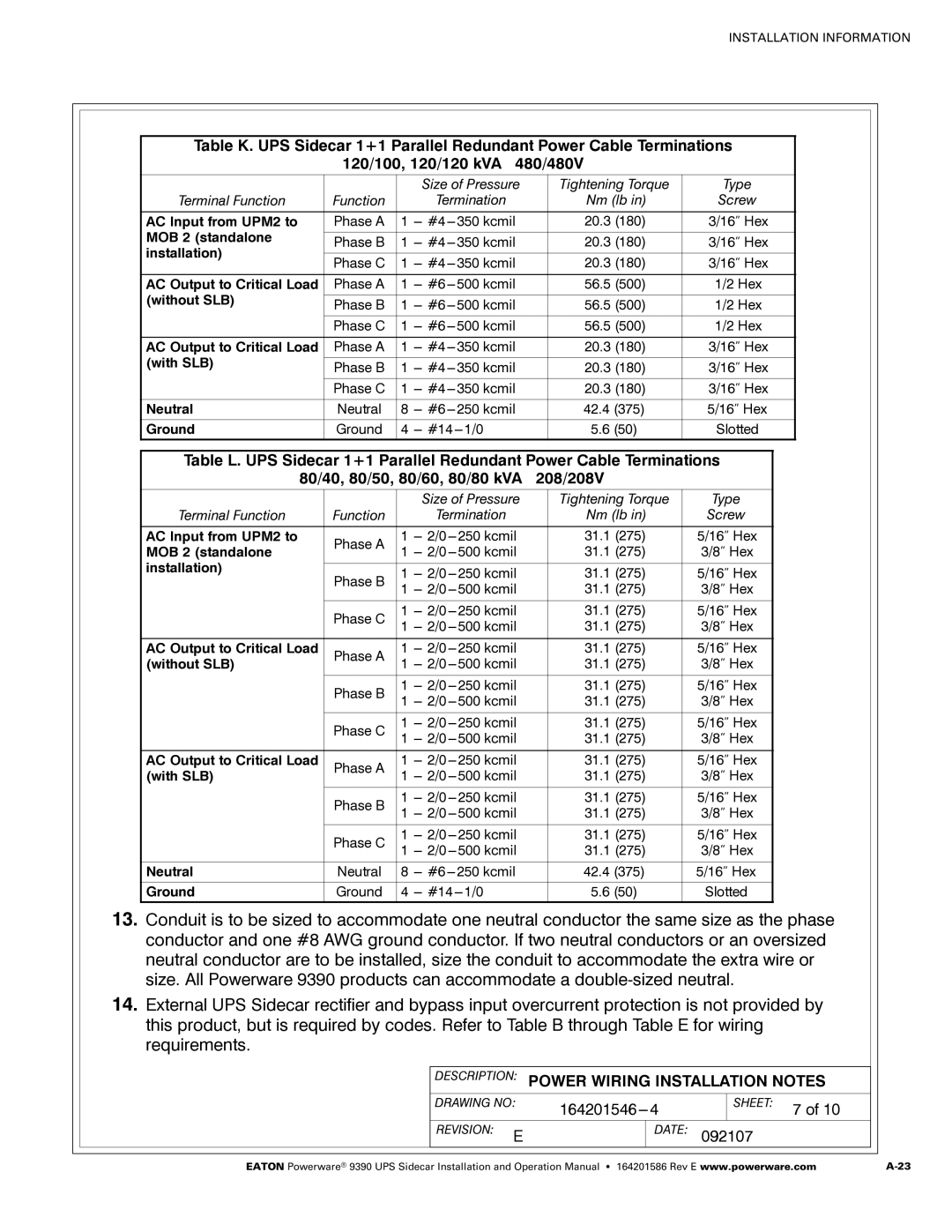 Powerware Powerware 9390 manual 80/40, 80/50, 80/60, 80/80 kVA 208/208V 