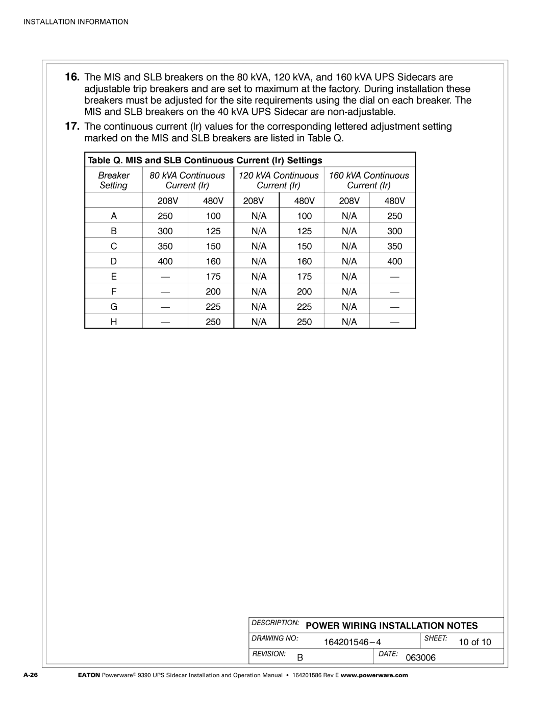 Powerware Powerware 9390 manual Table Q. MIS and SLB Continuous Current Ir Settings 