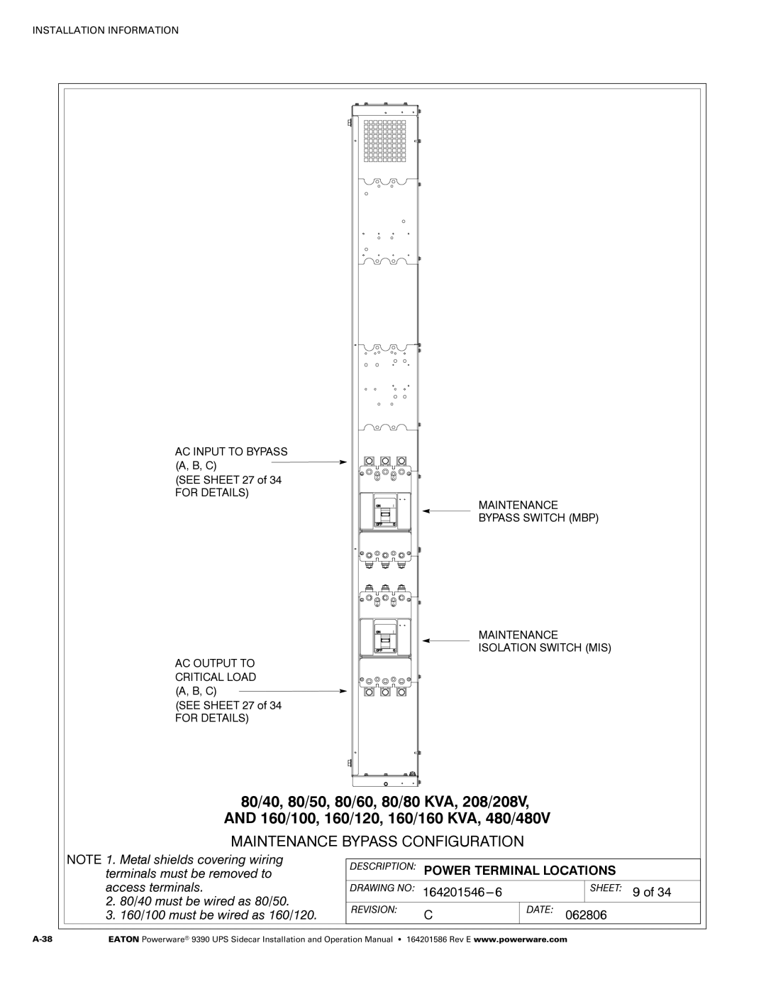 Powerware Powerware 9390 manual See Sheet 27 