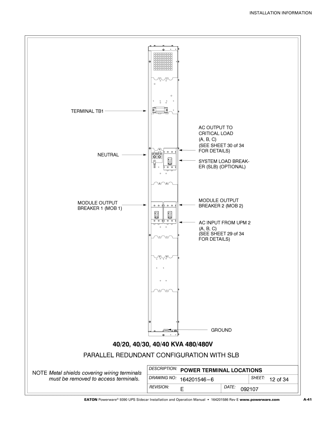 Powerware Powerware 9390 manual Parallel Redundant Configuration with SLB, Sheet 12 