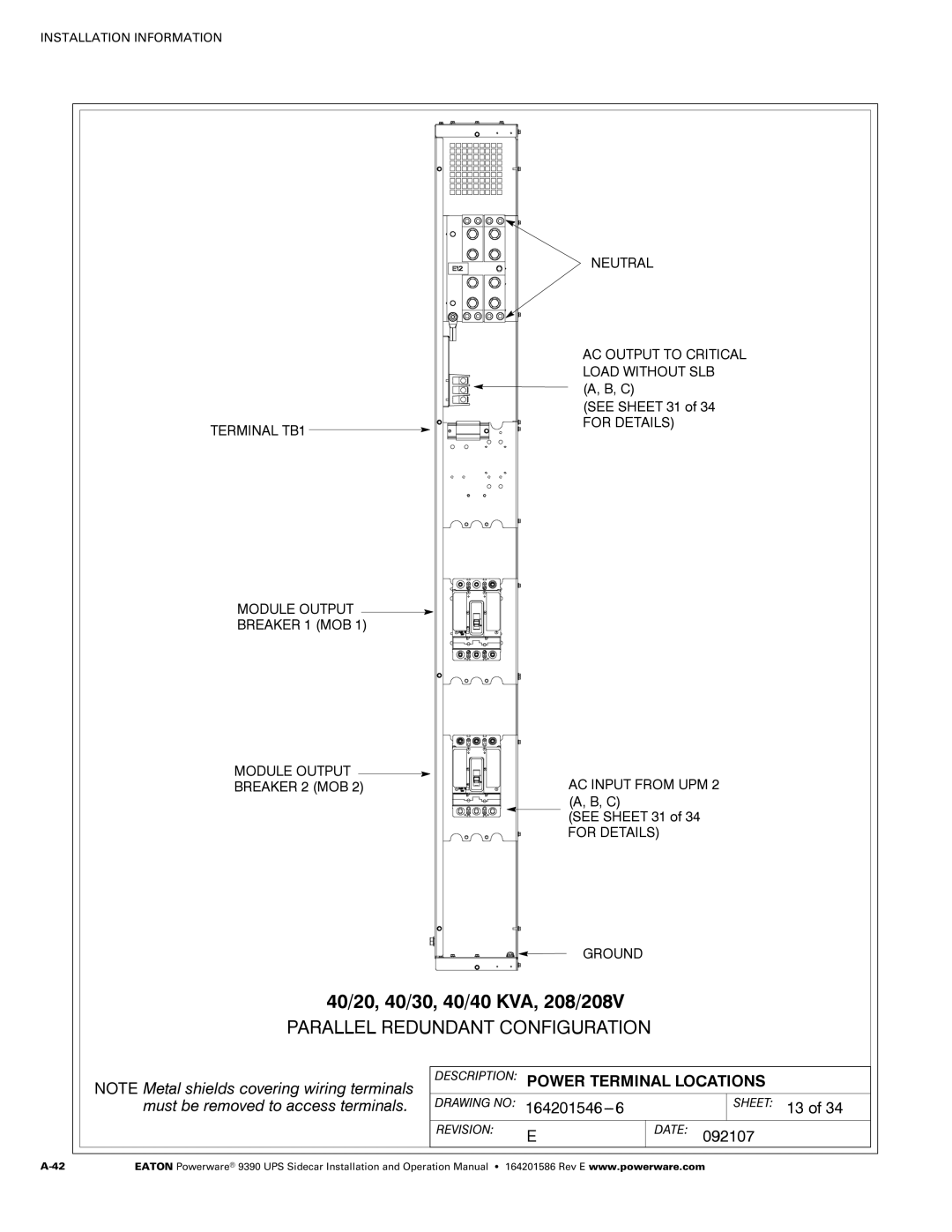 Powerware Powerware 9390 manual 40/20, 40/30, 40/40 KVA, 208/208V, Sheet 13 