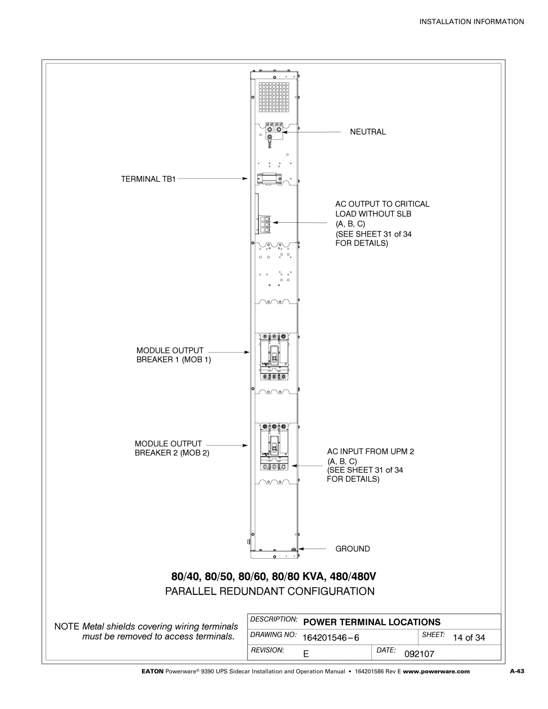 Powerware Powerware 9390 manual 80/40, 80/50, 80/60, 80/80 KVA, 480/480V, Sheet 14 