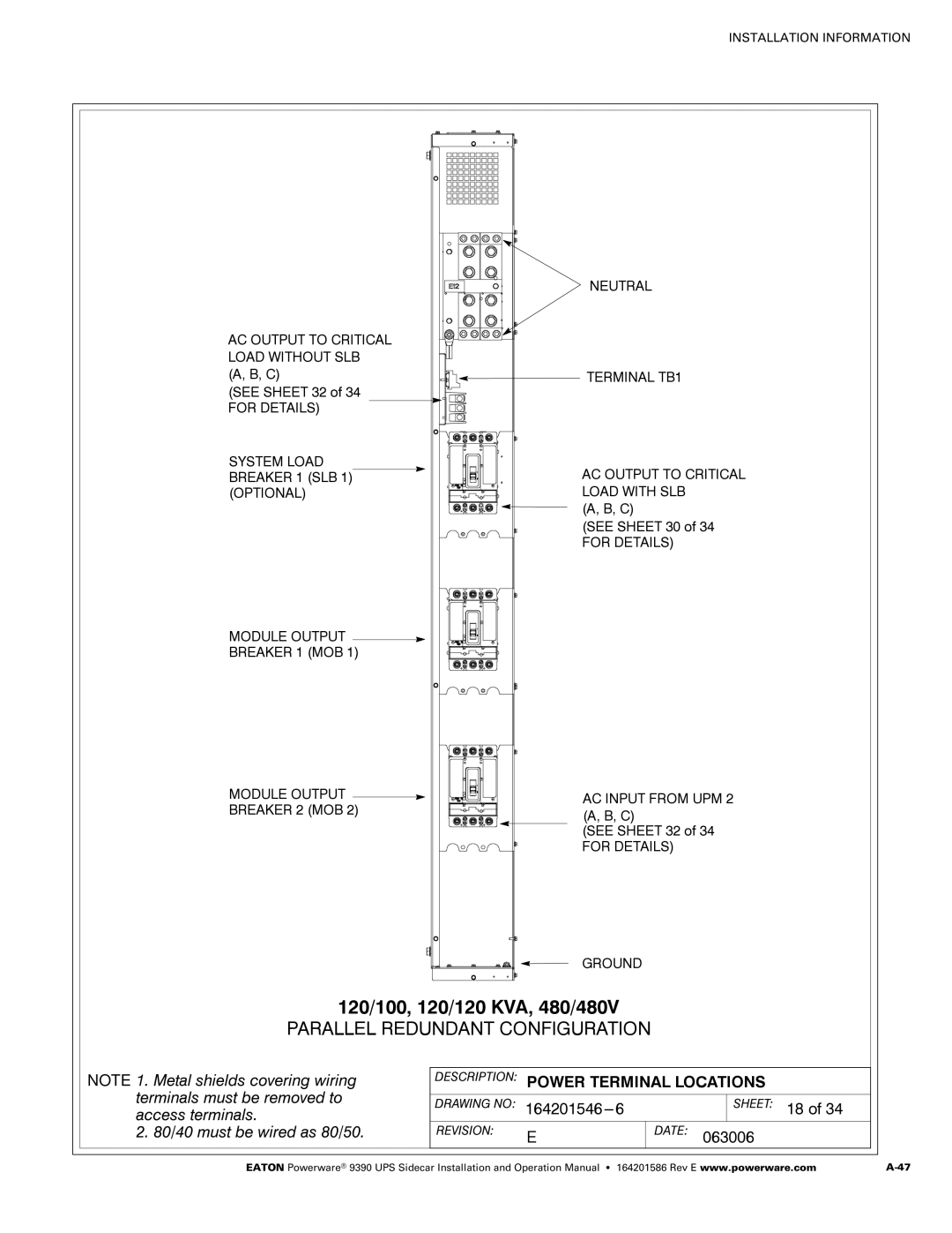 Powerware Powerware 9390 manual 120/100, 120/120 KVA, 480/480V, Sheet 18 