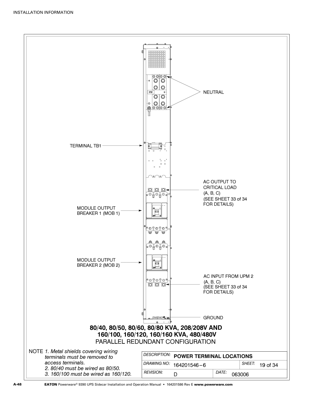 Powerware Powerware 9390 manual Sheet 19 