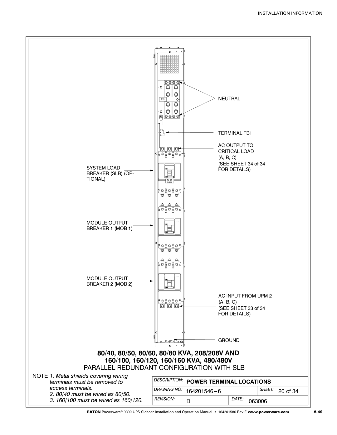 Powerware Powerware 9390 manual Sheet 20 