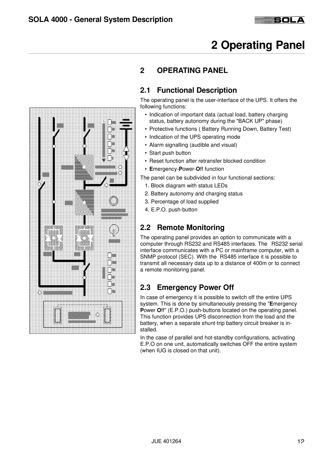 Powerware SOLA 4000 manual Operating Panel, Functional Description, Remote Monitoring, Emergency Power Off 