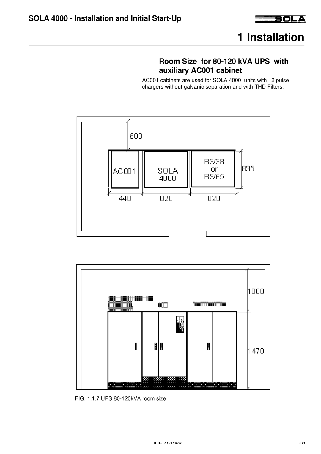 Powerware SOLA 4000 manual Room Size for 80-120 kVA UPS with auxiliary AC001 cabinet, UPS 80-120kVA room size JUE 