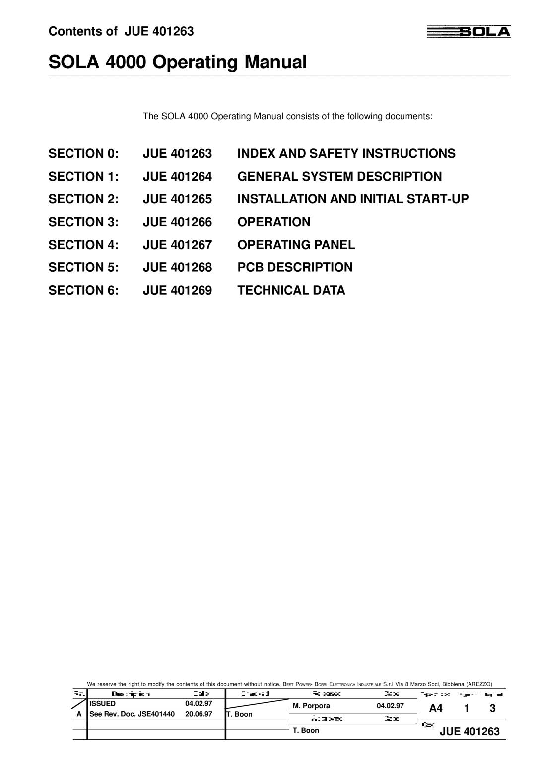 Powerware SOLA 4000 manual Sola 4000 Operating Manual 