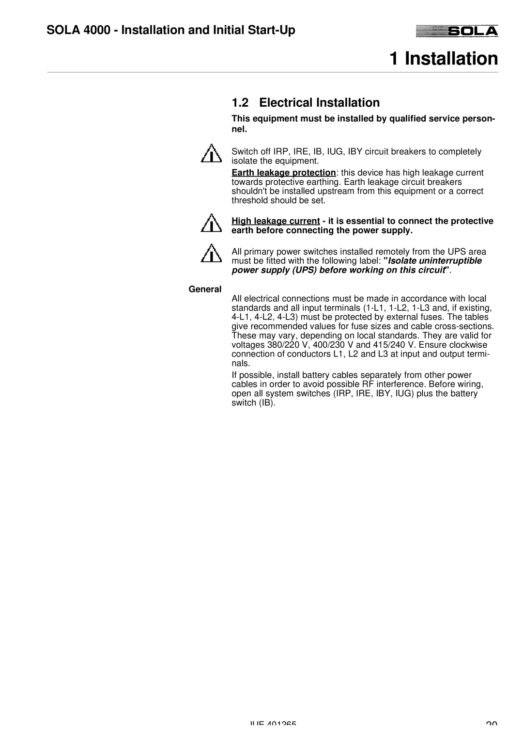 Powerware SOLA 4000 manual Electrical Installation, General 