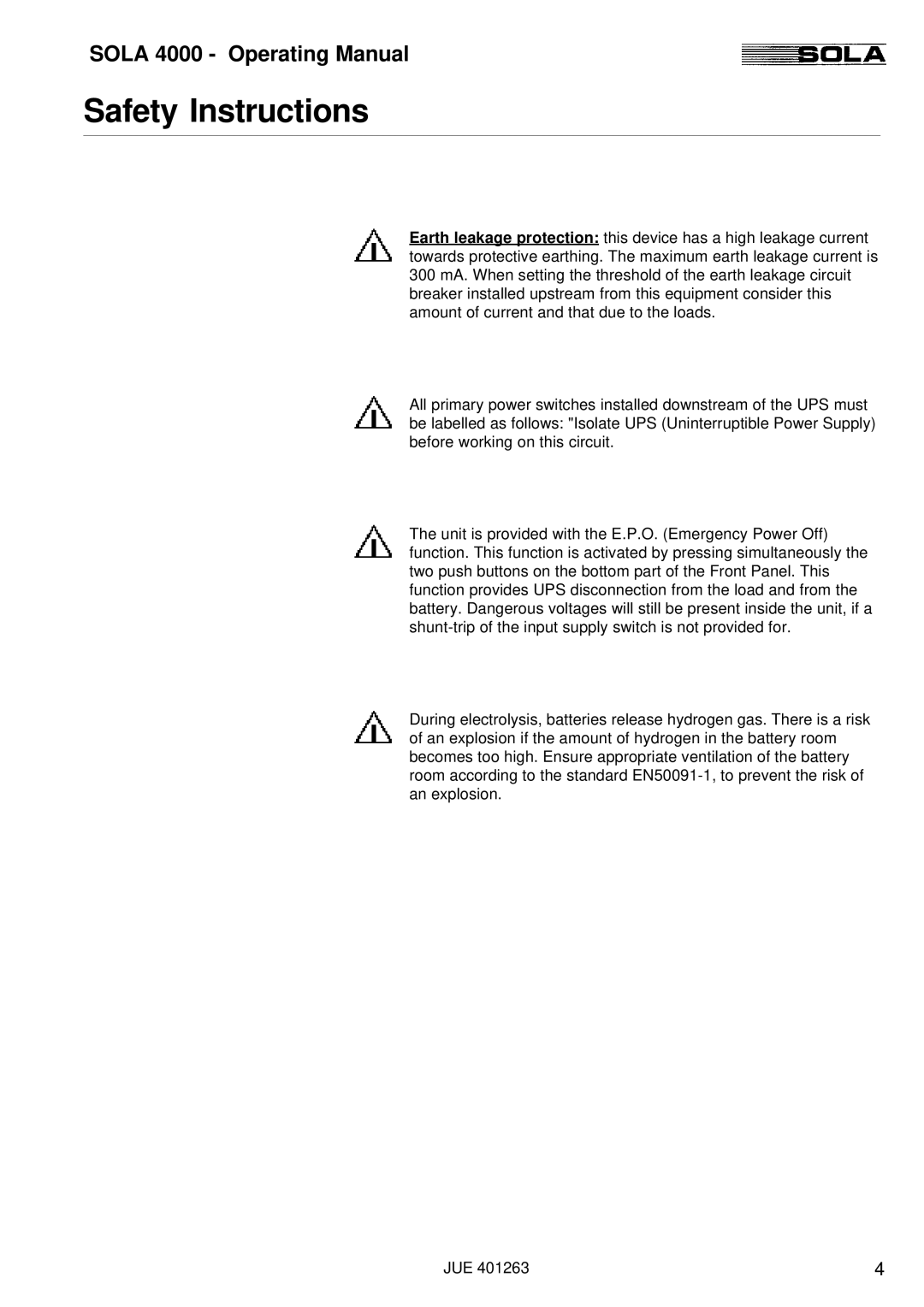 Powerware SOLA 4000 manual Safety Instructions 