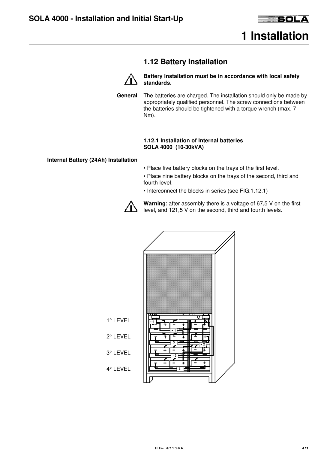 Powerware SOLA 4000 manual Battery Installation 