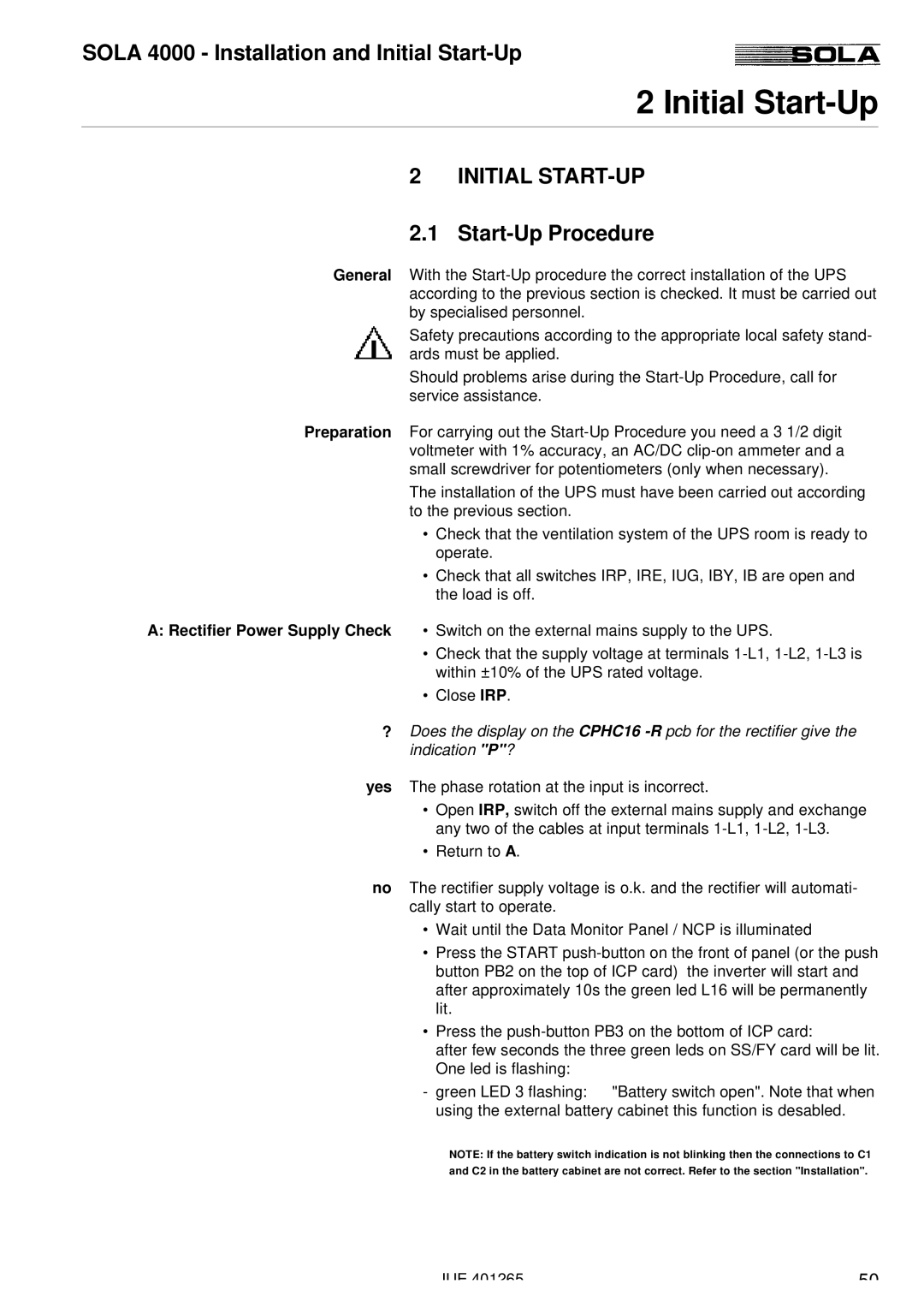 Powerware SOLA 4000 manual Initial Start-Up, Initial START-UP, Start-Up Procedure 