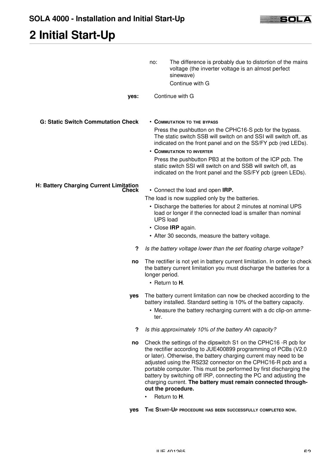 Powerware SOLA 4000 manual Yes, Static Switch Commutation Check, Battery Charging Current Limitation 