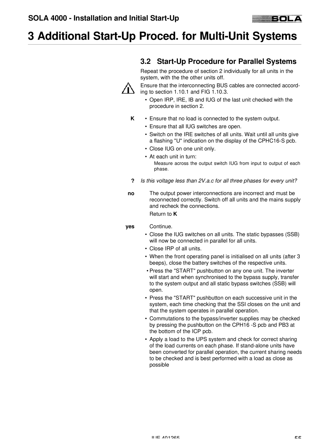 Powerware SOLA 4000 manual Start-Up Procedure for Parallel Systems 