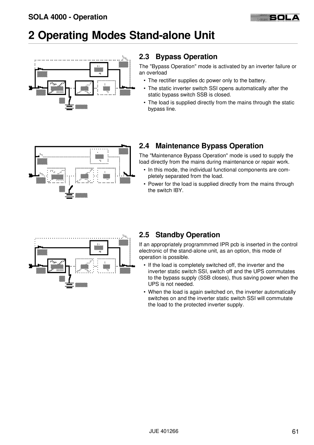 Powerware SOLA 4000 manual Maintenance Bypass Operation, Standby Operation 