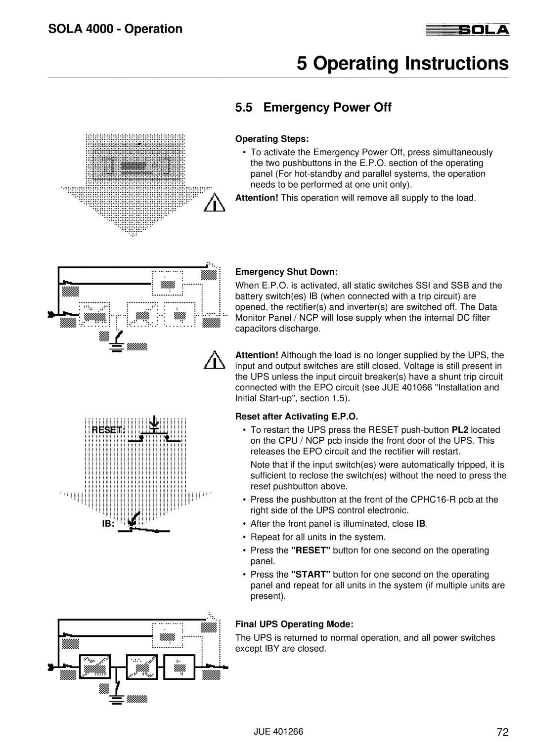 Powerware SOLA 4000 manual Emergency Shut Down, Reset after Activating E.P.O 