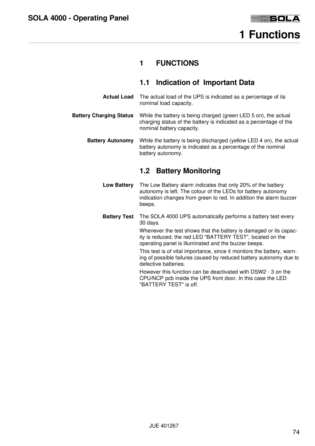 Powerware SOLA 4000 manual Functions, Sola 4000 Operating Panel, Indication of Important Data, Battery Monitoring 