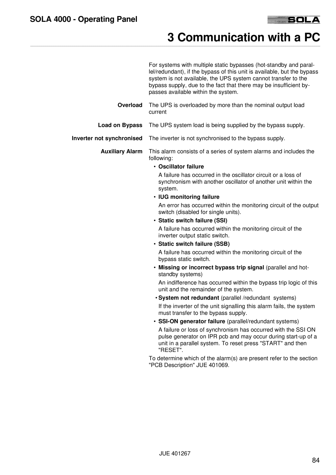 Powerware SOLA 4000 manual Oscillator failure, IUG monitoring failure, Static switch failure SSI, Static switch failure SSB 