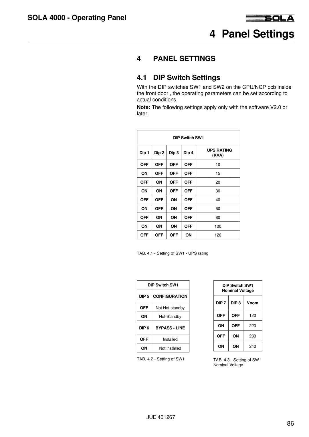 Powerware SOLA 4000 manual Panel Settings, DIP Switch Settings 