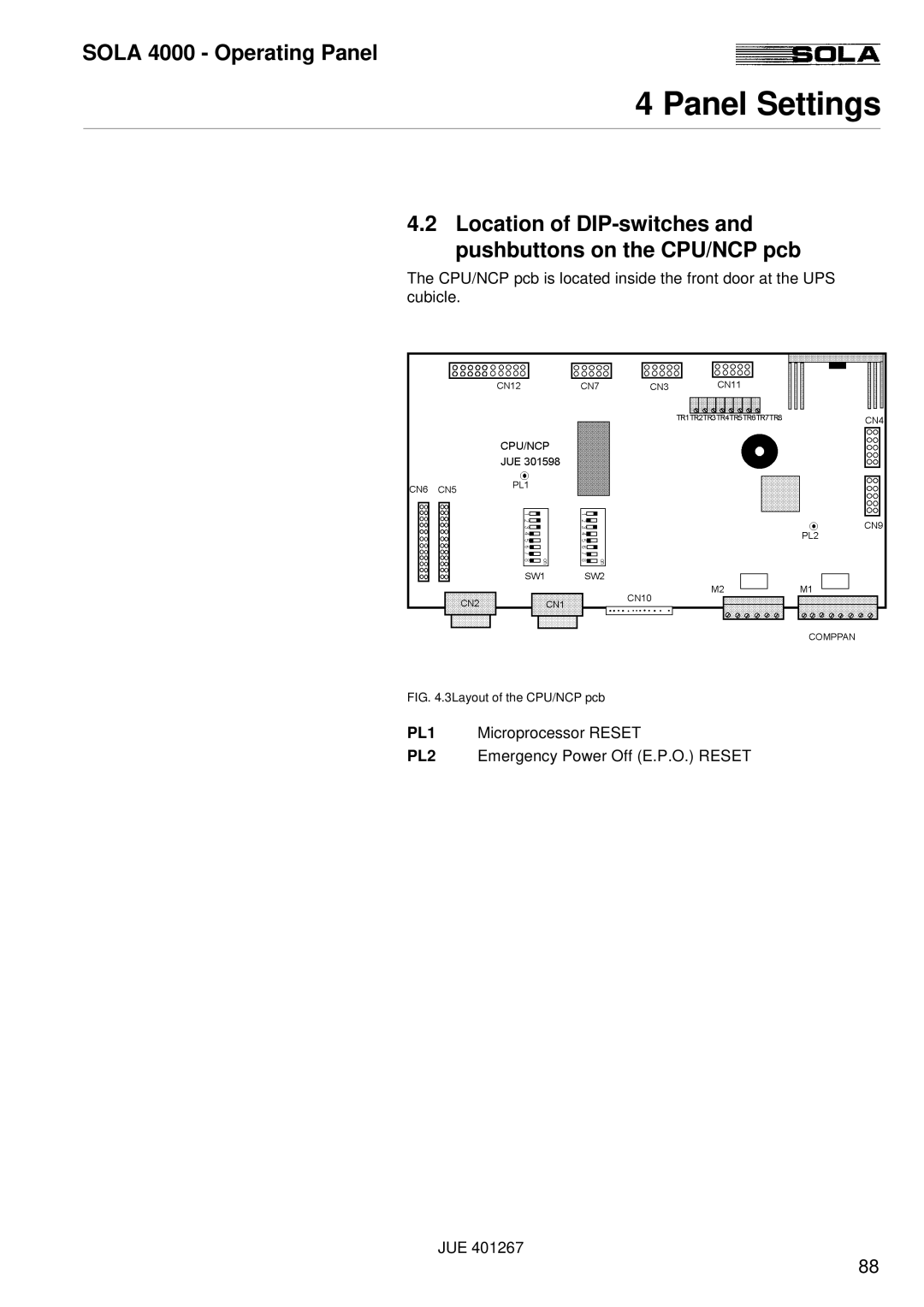 Powerware SOLA 4000 manual Location of DIP-switches and pushbuttons on the CPU/NCP pcb 